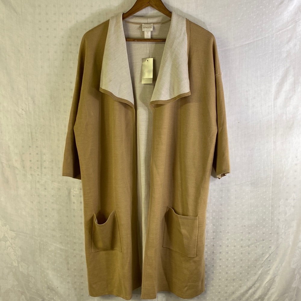 Chicos Open Cardigan Sweater Camel Patch Pockets 43% Wool Size 3 (Approx 16)‎